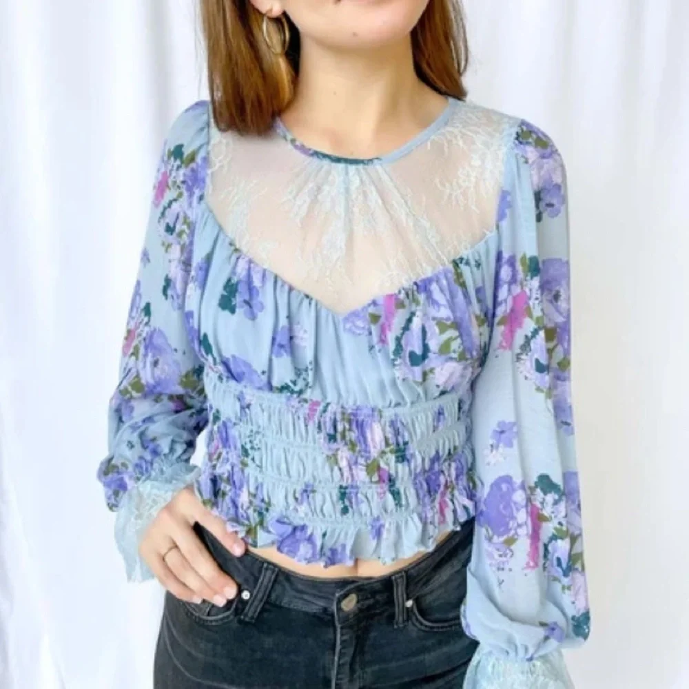 Free People Blue Daphne Sheer Paneled Blouse Size Small
